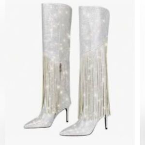 REVOLVE Sparkling White Fringe Heeled Boots